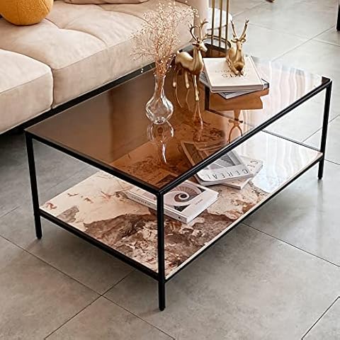 Tempered Glass Coffee Table Rectangle: 2-Tier High Gloss 8mm Brown Tinted Glass Perfect Pair with 10mm Sintered Stone Aesthetic Pattern Marble Top Large Low Centre Tables 100cm Living Room Cover