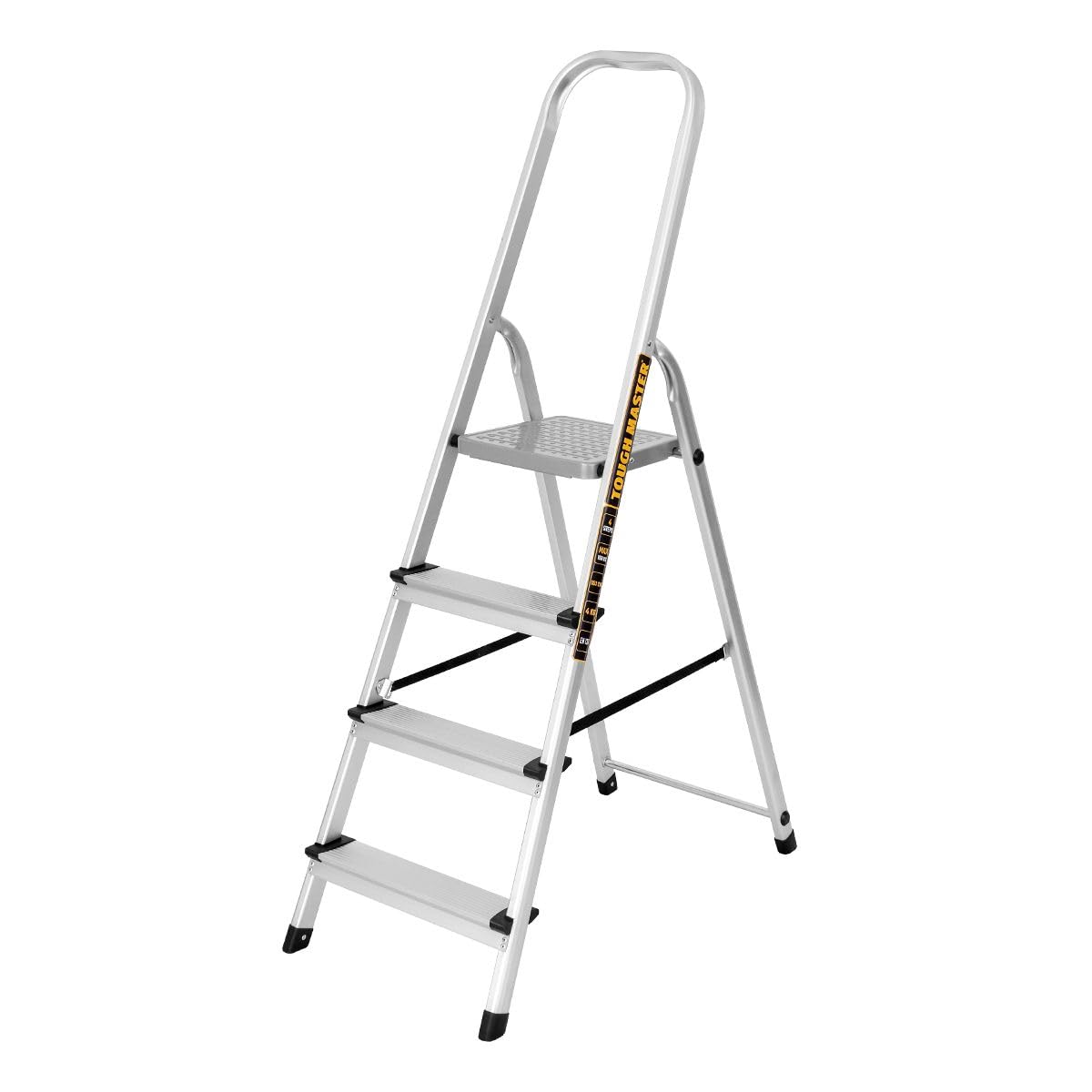 TOUGH MASTER Aluminium Folding Step Ladder Lightweight Tread Ladders Anti-Slip Steps Top Handrail with Rubberised Plastic Feet Max Load 150Kg – EN131 Safety Standard (4 Steps)