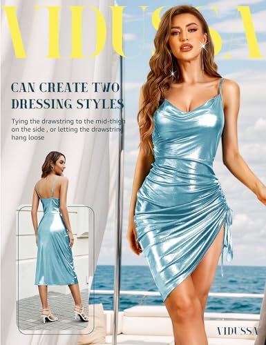Image of VIDUSSA Women's Sparkly Glitter Dress Cowl Neck Spaghetti Strap Ruched Bodycon Cocktail Party Night Club Midi Dresses