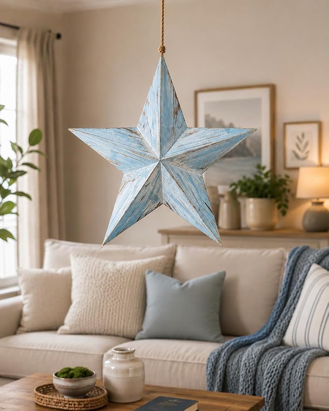 DEENZ Coastal Style 3D Star Hanging Ornament Shabby Chic Effect Artwork Collection For Bedroom & Bathroom Interior Designs Distressed Finish Textured Ridges Rustic 2 Sizes (BLUE, LARGE)
