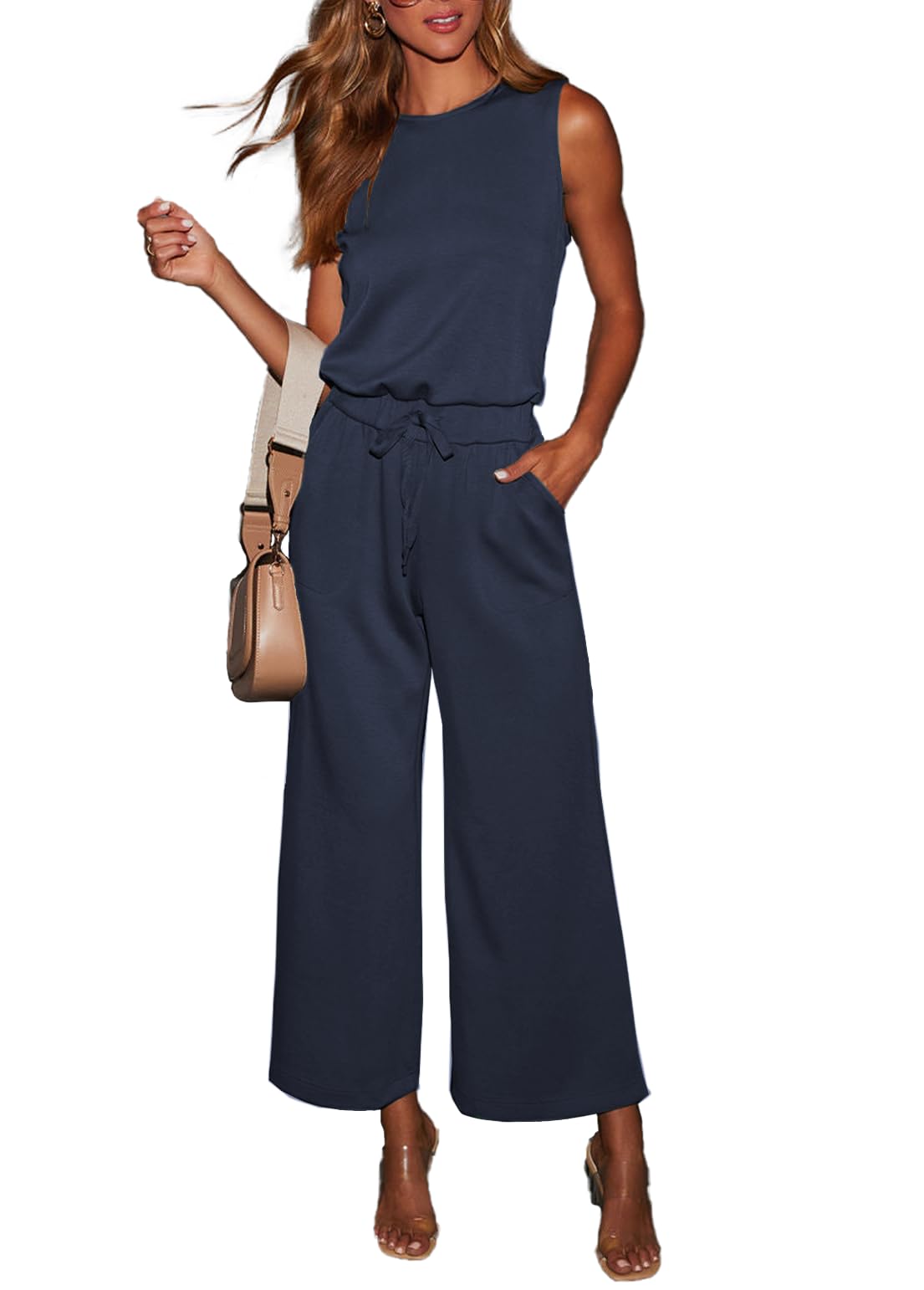 BONITEE Women Sleeveless Jumpsuit Casual Summer Rompers Dressy Crewneck Wide Leg Jumpsuits One Piece Outfit