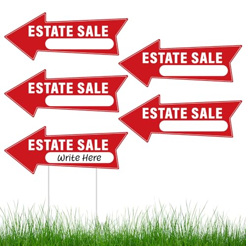 BLSUREFYX 5 PCS Estate Sale Signs 14.4 x 5.6 Inches Estate Sale Arrows Yard Sign with Stakes Double Sided Weatherproof Estate Yard Sale Sign Estate Sale Supplies Red and White
