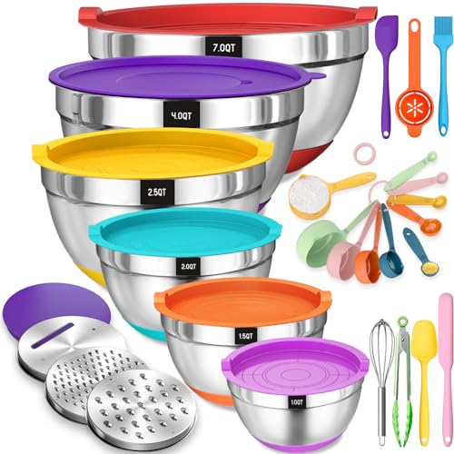 Terlulu R&uuml;hrsch&uuml;ssel 6er Set, Edelstahl Sch&uuml;ssel Salatsch&uuml;ssel mit Luftdichtem Deckel & Silikonboden, 3 Reibenaufs&auml;tzen, 6.6 L/3.8 L/2.4 L/1.9 L/1.4 L/0.6 L - Bunt