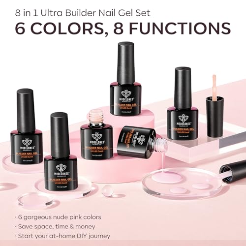 Image of modelones Gel Polish Builder Nail Set, Base Colors Nude Hard Strengthener Rubber Gel Polish 8-in-One Extension LED Nail Lamp Cured 6 Colors