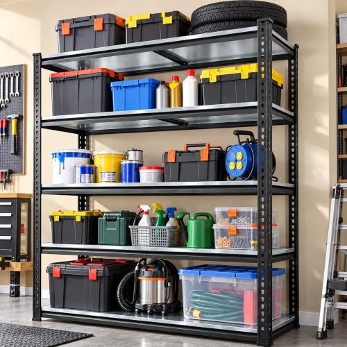 Image of JD FRESH 5 Tier Multipurpose Metal Storage Rack /GI Steel Shelf Boltless Rack with Stiffener /72x36x24 inch Adjustable Standing Shelves Unit /175kg Load Per Shelf /Storage Rack for Shop /Garage (Black)