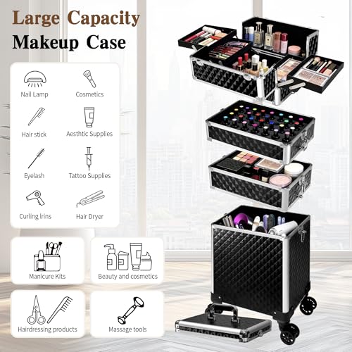 Image of 5 in 1 Rolling Makeup Train Case Professional Cosmetic Trolley Large Storage Organizer on Wheels for Hairstylist Artist Nail Beauty Salon Barber Black