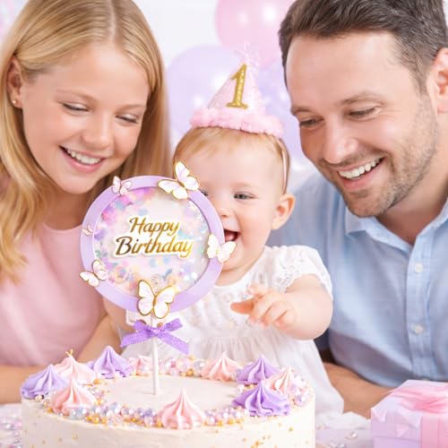 Image of Rozi Decoration Happy Birthday Cake Topper with Butterfly Theme | Cake Decoration | Pastel Purple Birthday Cake Accessory for Kids Party Pack of 1 Pcs