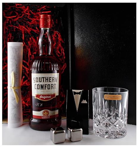 Geschenk Southern Comfort Whiskey Likör + Glas + 2 Whisky Kühlsteine im Smoking