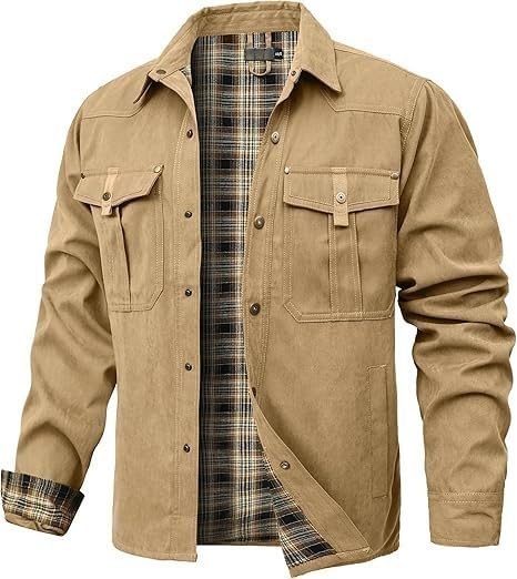Generic Kurtka designerska dla (Couleur: Khaki) (ROZMIAR: M) Męska flanelowa koszula polarowa drwal płaszcz roboczy w kratę i pikowana kurtka AU