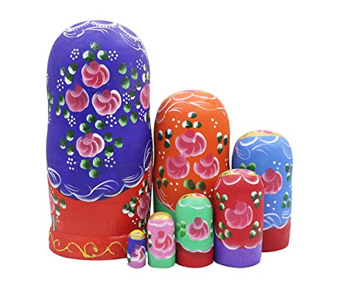 Set Of 7 Pieces Beautiful Lovely Wood Red Flower Girl With Blue Scarf Traditonal Russian Nesting Dolls Matryoshka Wishing Dolls Toy Gift Home Room Decoration #TOP1