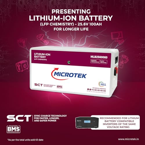 Image of Microtek 100Ah 25.6V LiFePO4 Lithium Inverter Battery | 2.56kWh Solar Battery for Home, UPS & Power Backup | Long Life 3500 Cycles, Fast Charging, Maintenance Free, 3 Year Warranty