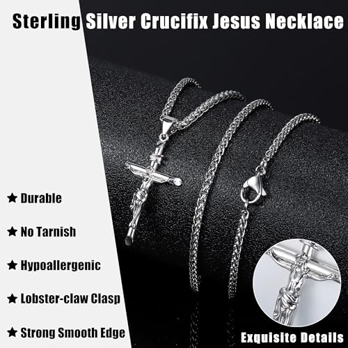 Besteel Sterling Silver Crucifix Necklace for Men Women - Men's Silver Crucifix Pendant Necklace with Stainless Steel Rope Chain Catholic Baptism Jesus Cross Necklace Jewelry2