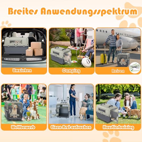 FIVMEN Hundebox Transportbox Hund 80x57x70 cm Hundetransportbox mit Rollen und Eisen Fenstern Türen Tiertransportbox Flugzeugbox für Hunde Flugzeug Auto Reise & Transport