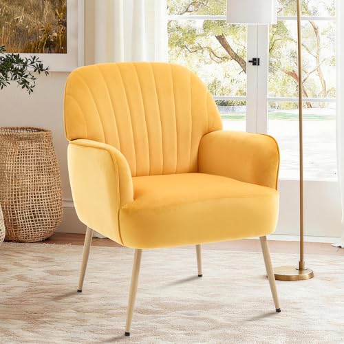 Holiway Velvet Accent Chair, Mid Century Modern Accent Chairs for Living Room, Comfy Upholstered Armchair with Metal Legs for Bedroom/Apartment/Office/Waiting Room, Yellow