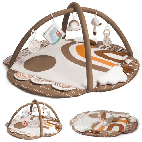 Image of Baby Gym Play Mat, Tummy Time Mat & Pillow, Stage-Based 4 Zone Sensory & Motor Skills Development, Activity Mat with Learning Cards, Washable & Non-Slip, Play Mat for Baby to Toddler, Brown Rainbow