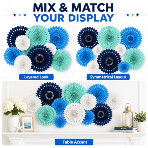 Image of Blue White Hanging Honeycomb Round Paper Fans Decoration Kit for Baby Boy Shower Birthday Navy Ocean Wedding Under The Sea Theme Photo Booth Backdrops Paper Party Supplies 11 Count