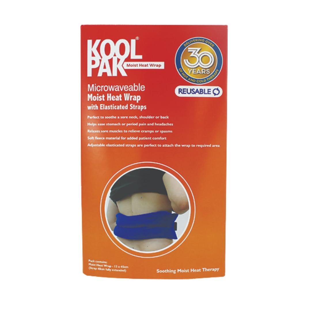 Koolpak Moist Heat Wrap with Elasticated Strap – Reusable Microwaveable Microbead Therapy for Pain Relief, Muscle Tension & Injury Recovery – 13 x 45cm