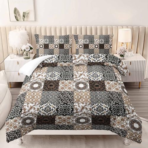 Image of AILONEN Brown Black Patchwork Comforter Set Full Size, Vintage Geometric Boho Bedding with 2 Pillowcases, Soft Microfiber
