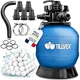 tillvex® Filtre à Sable pour Piscine sans Pompe + Billes filtrantes jusqu'à 21 m³ (21.000 litres) | Cuve Filtre Piscine INCL. Adaptateur Ø32-38mm | Vanne 7 Voies, manomètre & Tuyau d'aspiration