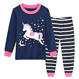 Little Hand Mädchen Schlafanzug Lang Einhorn Kinder Zweiteiliger Baumwolle Ärmel Nachtwäsche T-Shirt und Hose 122