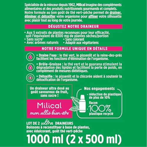 Milical Draineur Ultra Minceur - Lot de 2 Flacons 500 ml – (Thé Vert Pêche) – vue 2