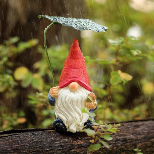 Statue de nain de jardin avec parapluie en feuille - Figurine décorative pour intérieur et extérieur, maison, terrasse, cour, pelouse, pour les amateurs de...