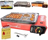 Camping BBQ Gasgrill Gasbräter Grill Tragbar Barbecue Tischgrill inkl. Grillplatte Grillaufsatz + Grillrost + Spieße + 4X Gaskartuschen + Tragkoffer (Farbe: Schwarz, Rot oder Orang)