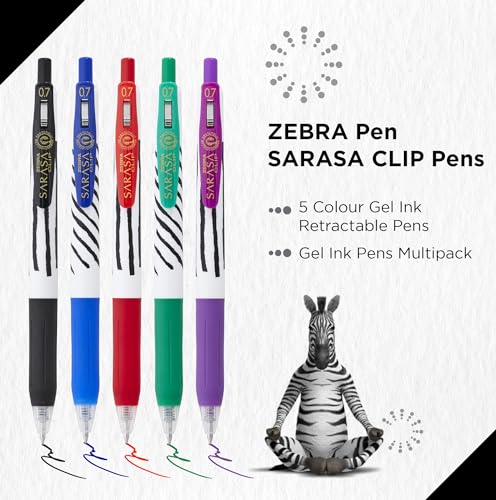 Zebra SARASA CLIP Stripes Gel Pens 5pk - Retractable Coloured Pens with 0.7mm Nib, Smudge Proof, Rapid Dry Ink, Comfort Grip & Push Clip, Water Resistant, Assorted Colours - Image 2