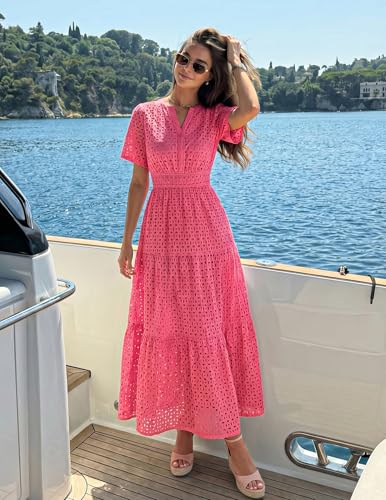 Image of ZESICA Women's 2026 Summer Short Sleeve Maxi Dress Casual V Neck Hollow Out Eyelet Ruffle Swing A Line Long Dresses