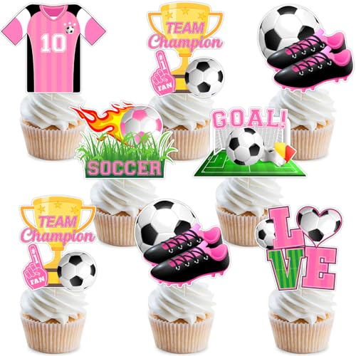 24PCS Pink Soccer Cupcake Toppers - Soccer Birthday Decorations for Girls, Pink Sports Soccer Themed Cake Decorations for Birthday Baby Shower Gender Reveal Party