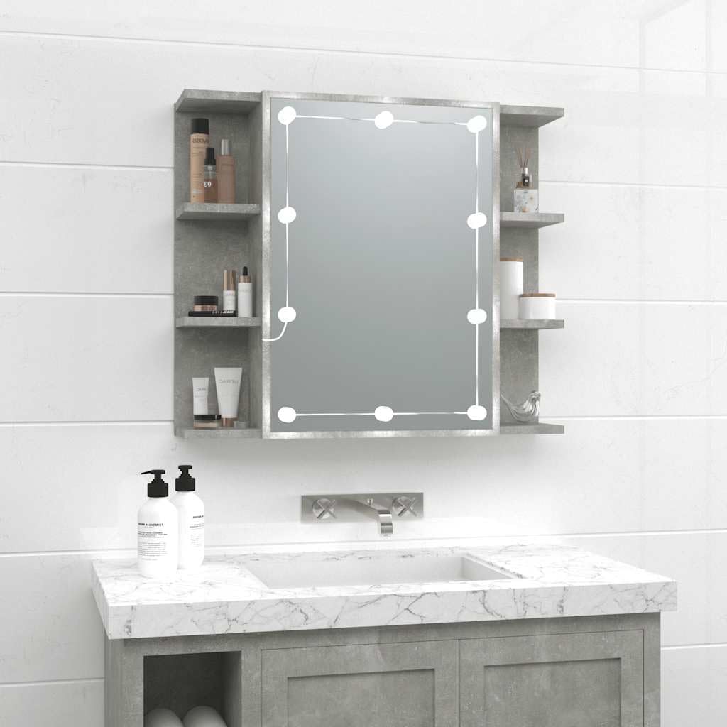 vidaXL Mueble con Espejo y Luces LED Baño Tocador Maquillaje Pared Almacenamiento Mobiliario Armario Organizador Decoración Estante Gris Hormigón