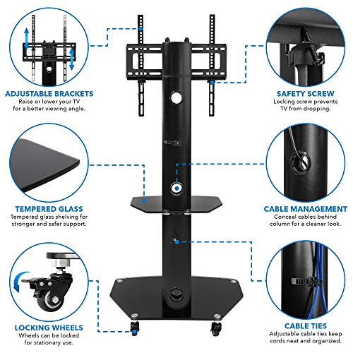Mount-It! Mobile Tv Stand With Rolling Casters & Glass Shelving - Fits 32"-55" Displays With Up To 400X400 Mm Vesa #TOP3