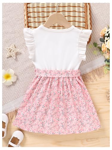 MakeMeChic Girl's Ditsy Floral Dress Ruffled Sleeveless Crew Neck Belted A Line Swing Cute Short Dress2
