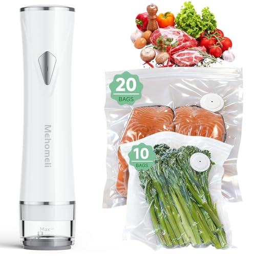 Mehomeli Compact Vacuum Sealer for Food (Vacuum Sealer Machine + 30 Reusable Vacuum Bags), Powerful Handheld Vacuum Sealer Machine, Seal Food 6X Fresh Longer, Portable & Wireless, Easy-Clean