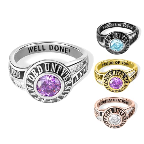 AILIN 925 Sterling Silver/Brass Class Of 2026 2025 Rings For Women Men High School Personalized Birthstone Engraved Graduation Rings College University Jewelry Gifts For Her Teacher
