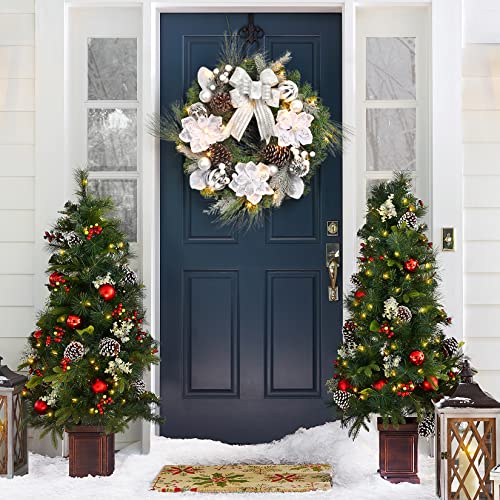 GarveeHome Christmas Wreath with Lights, 24 Inch Pre-lit Silver White Xmas Wreath with 20 Battery Operated LED Lights Artificial Magnolia Flower & Bow for Front Door Window Indoor Outdoor Decorations