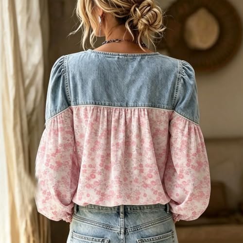 Floral Blouses for Women Denim Patchwork Button V Neck Long Puff Sleeve Top - image 5
