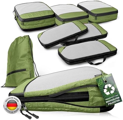 Compression Packing Cubes Set - Packwürfel Koffer Organizer Set Kompression | 50-80l, grün, 2x mehr Platz im Koffer & Rucksack, reißfest, wasserfestes Fach, Backpacking, Sightseein