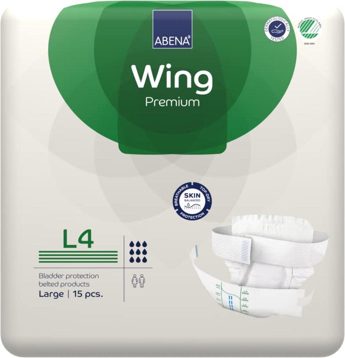 ABENA Wing Premium L4, Pack of 15, 4100ml, Adult Belted Incontinence Pads for Men & Women, Fast Absorption, Discreet & Effective Shape, Breathable & Comfortable, for Moderate to Heavy Incontinence