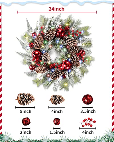 Ddhs Christmas Wreaths For Front Door,24 Inch Pre-Lit Winter Wreath With Big Bells, Pine Cones, Red Berries 60 Led Lights, For Party Table Fireplaces Porch Walls New Years Christmas Home Decor-Snow #TOP1