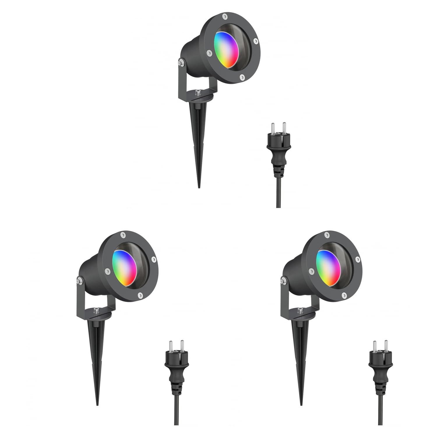 ledscom.de Lot de 3 projecteurs de jardin à LED DUK anthracite avec piquet pour l'extérieur, IP65, avec ampoule LED GU10 RGBW pour maison connectée incluse (5,5 W, 473 lm)