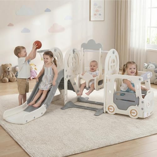 OLAKIDS Toddler Slide and Swing Set, 5 in 1 Bus Themed Baby Slide with Climber Basketball Hoop Car Playhouse for Indoor Outdoor Boys Girls Aged 3+ (Grey)