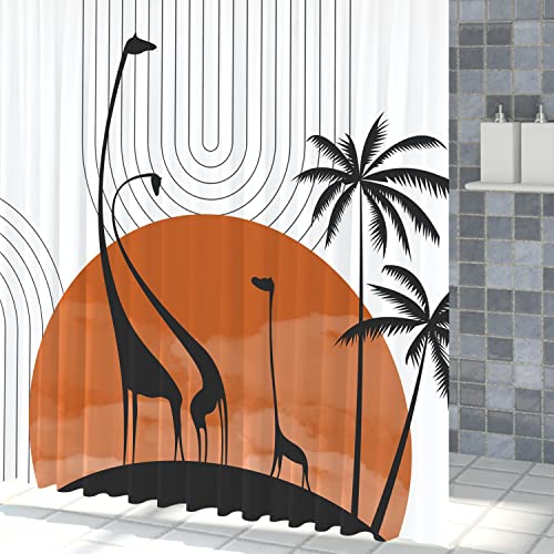 Uiiooazy White Shower Curtain For Kids Bathroom Giraffe Animals Palm Leaves Trees Bathtub Curtains Black Lines Warm Sunset 3D Printing Washable Waterproof Fabric Bath Curtain With Hooks 65X72 Inches #TOP4