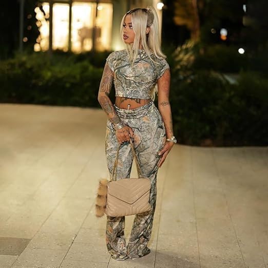 Sexy 2 Piece Sets For Women Camouflage Cap Sleeve Crop Top And Fold Over Flare Pants Set Casual Outfits Going Out - Image 2