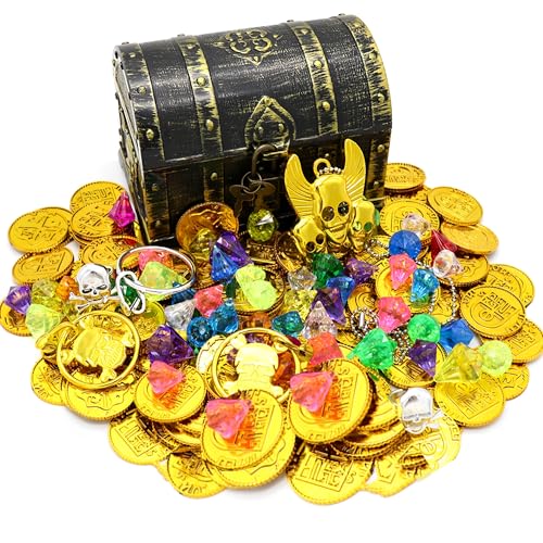 Image of WYFCR 205PCS Kids Pirate Treasure Chest Toy Box Antique Color ，100 grams of diamonds 100 Maya coins, 2 rings, 2 earrings, and 3 gold skull necklace each，for Pirate Themed Party Favors