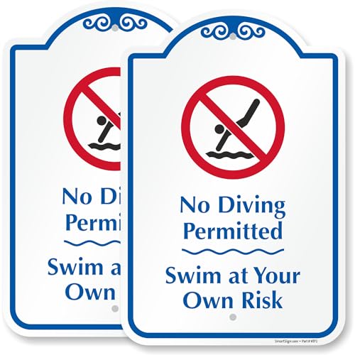 SmartSign 2-Pack Designer Pool Rules “No Diving Permitted, Swim At Your Own Risk” Sign with Symbol, 18 x 12 inch Sign, 120 mil Aluminum Composite (ACM) with Overcoat, Blue, Red and White