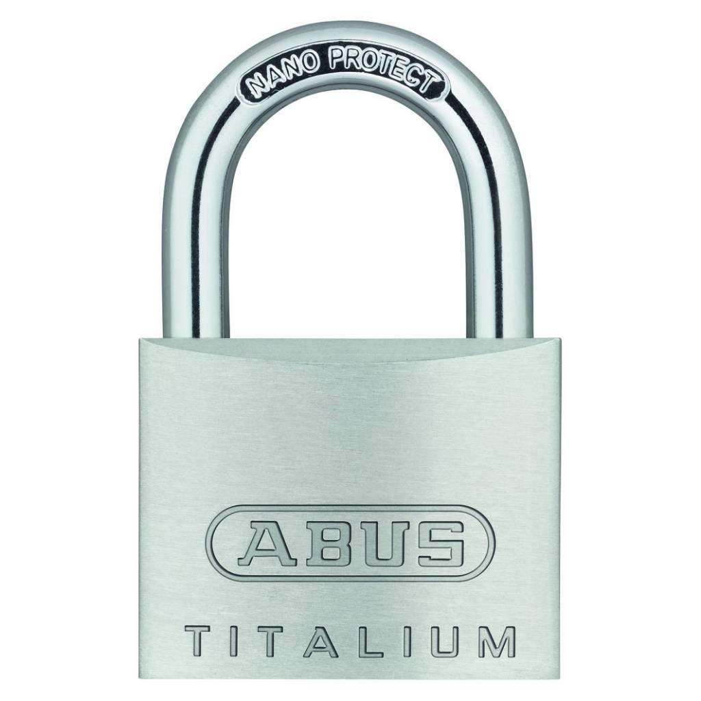ABUS Vorhängeschloss 64Ti: Massiver Schlosskörper aus TITALIUM Spezialaluminium, gehärteter Stahlbügel 20 + 25 mm, NANO-Protect Beschichtung ab 30 mm