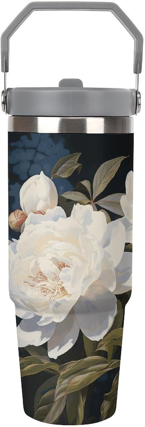 White Peony Water Bottle 30 Oz Fits Car Cup Holder,Insulated Coffee Mug Large Capacity Car Cups,Stainless Steel Double Wall Sport Bottle for Travel Sports Gym