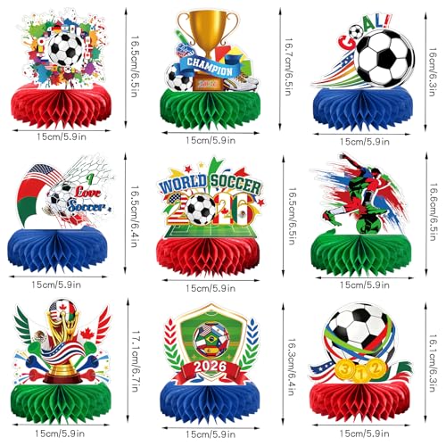 Image of 9pcs World Cup Soccer Decorations 2026, Soccer Sports Theme Honeycomb Centerpieces 3D Double Sided Table Decor Supplies for Football Sports Competition Party Decorations