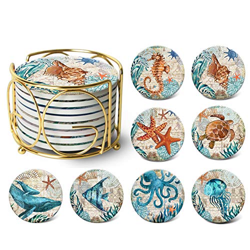 Absorbing Stone Sea Ocean Life Coasters for Drinks by Teivio -Cork Base with Holder,Coastal Decor Beach Theme Tropical,for Housewarming Bar Decor,Suitable for Wooden Table,Set of 8 (Gold Holder)
